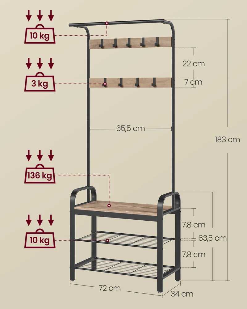 Portemanteau vestiaire avec banc et étagère à chaussures 34 x 72 x 183 cm style industriel finition mate en aggloméré noir 12_0009689