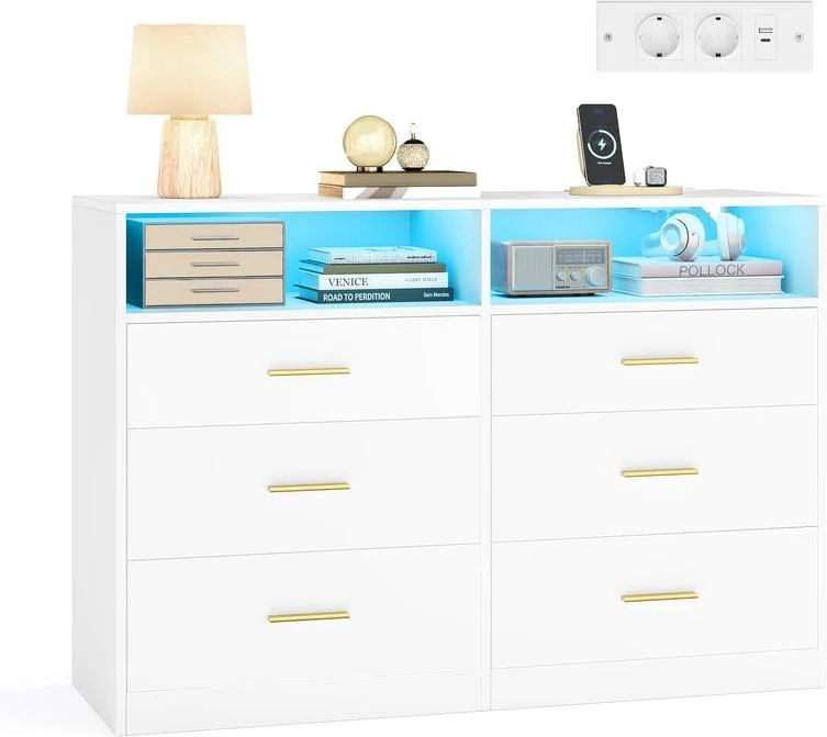 Commode de rangement moderne avec 6 tiroirs 40 x 119 x 81,2 cm en panneau d'aggloméré blanc nuage 12_0013157