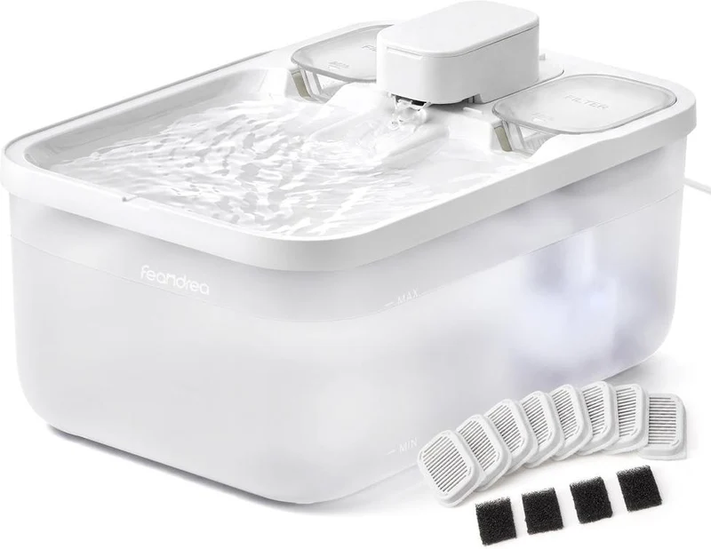 Fontaine à eau pour animaux silencieuse 28,7 x 19,3 x 17,3 cm avec filtration avancée ambiance cosy en plastique blanc 12_0013068