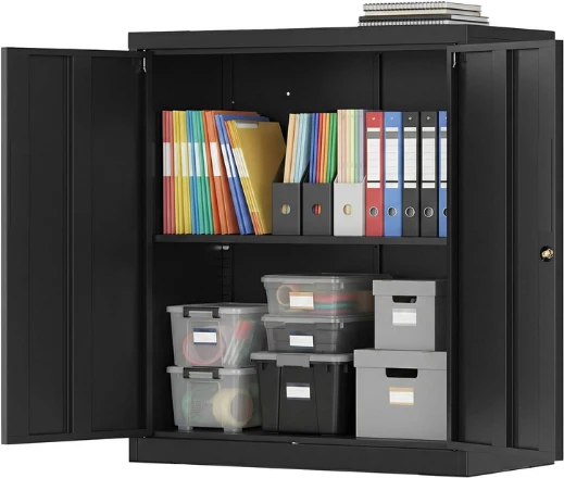Caisson de bureau verrouillable avec 2 portes et étagère réglable 80 x 40 x 90 cm style moderne en acier noir mat 12_0012573