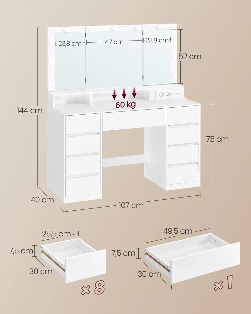 Coiffeuse moderne avec miroir 40 x 107 x 144 cm 9 tiroirs éclairage LED réglable ambiance cosy en aggloméré blanc nuage 12_0012312