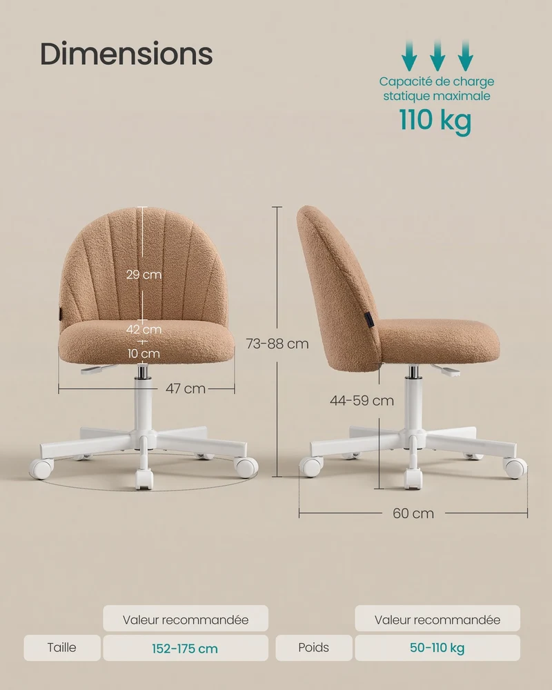 Chaise de bureau design moderne hauteur réglable 60 x 60 x 83,5 cm assise confortable style contemporain en tissu brun caramel 12_0012270
