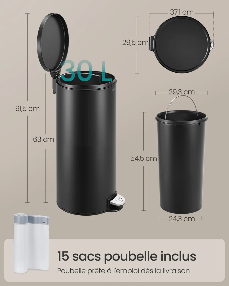 Poubelle ronde 30 L avec seau amovible et pédale de fermeture douce 29,5 x 37,1 x 63 cm en acier noir d'encre 12_0012074