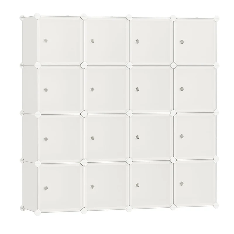 Meuble de rangement modulable 16 cubes étagère en plastique avec portes pour vêtements chaussures livres assemblage facile blanc crème 12_0006452