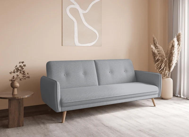 Canapé clic clac en tissu gris clair avec pieds en bois NATAL