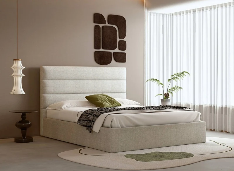 Lit coffre en tissu lin beige 140 x 190 cm SHANNA