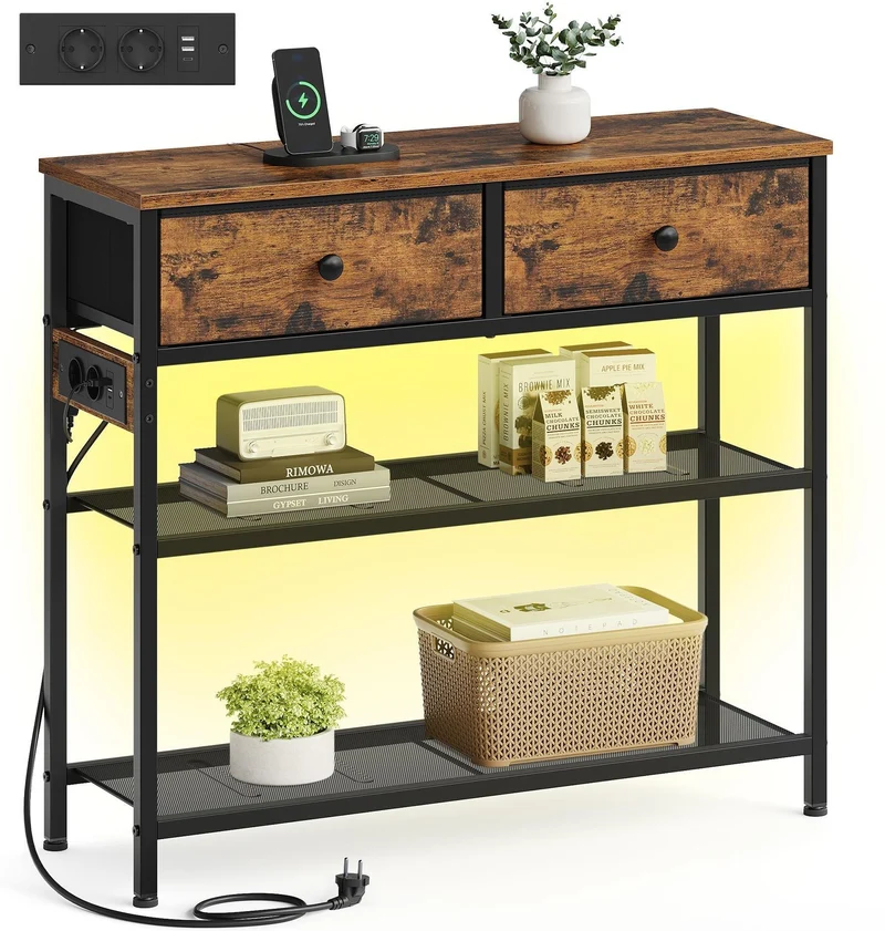 Table console moderne avec multiprise 30 x 76,7 x 78,7 cm 2 tiroirs pratique style rustique en panneau MDF marron 12_0013198
