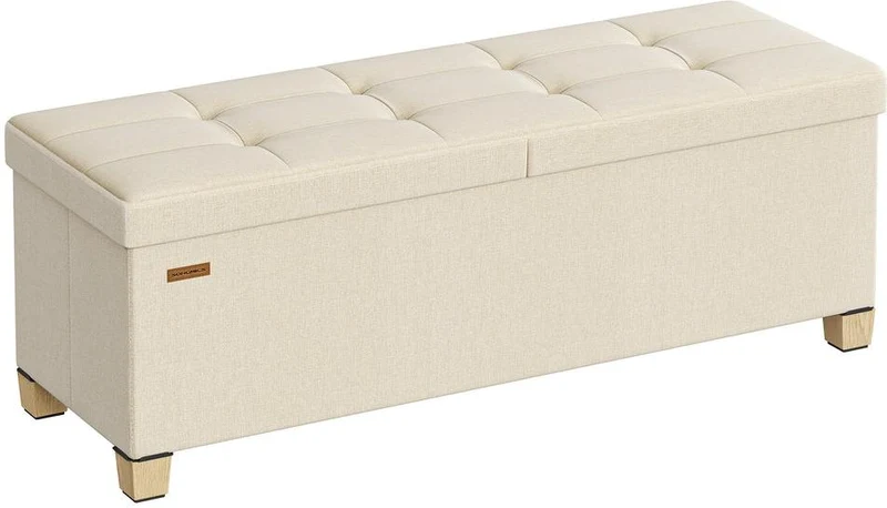 Banc de rangement pliable avec couvercle rabattable 38 x 110 x 40 cm capacité 112 L style contemporain en tissu beige clair 12_0013114
