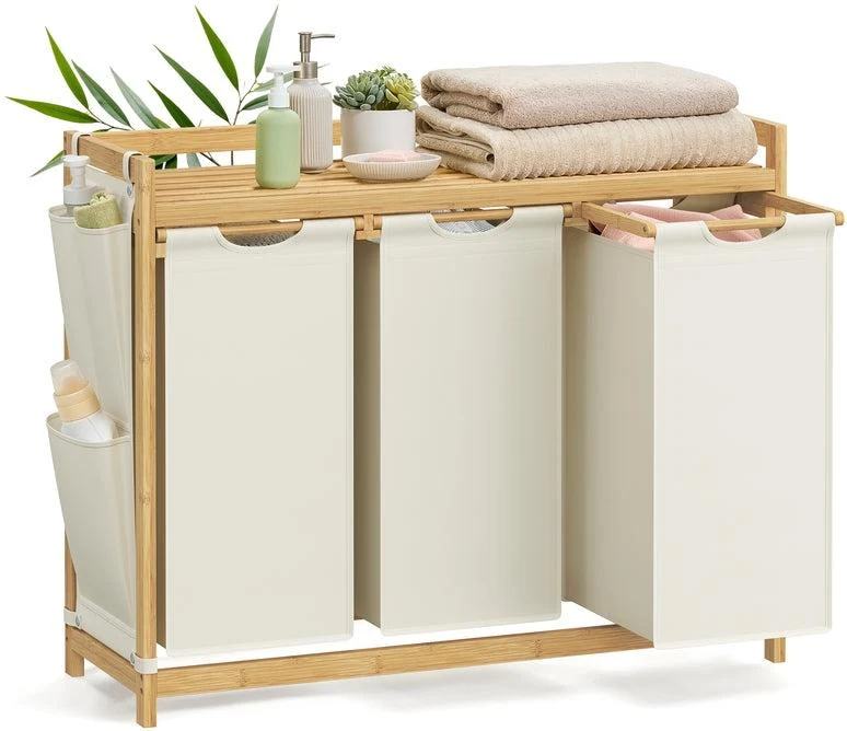 Lot de 3 paniers à linge en bambou avec étagère 94 x 33 x 78 cm capacité 150 litres style épuré blanc crème 12_0012147
