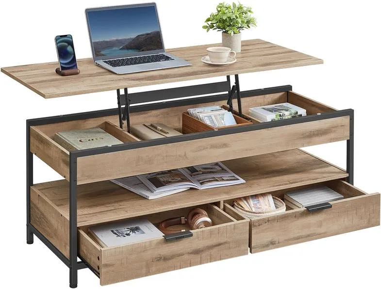 Table basse rectangulaire avec plateau relevable rangement salon 50 x 120 x 48-63 cm en panneau d'aggloméré marron 12_0011718