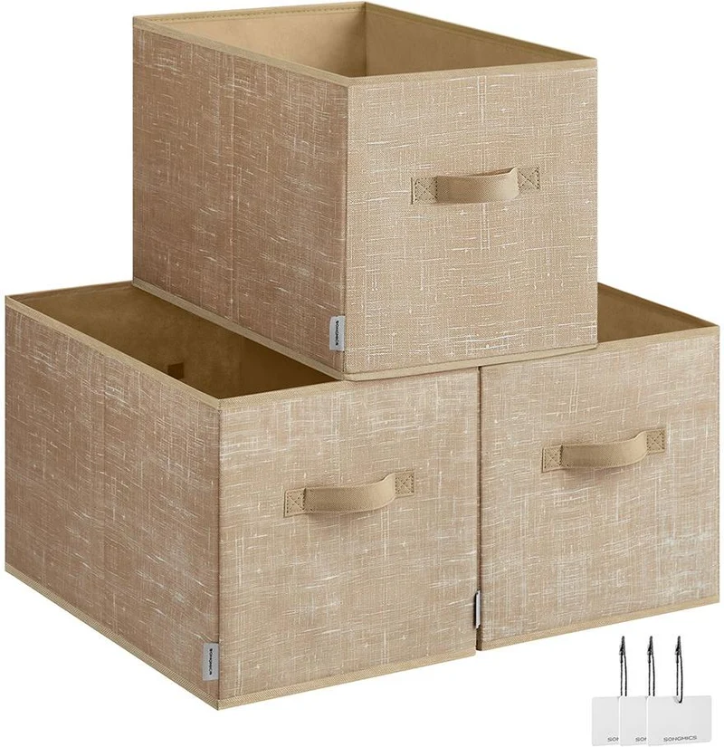 Lot de 3 boîtes de rangement pliables 50 x 30 x 30 cm avec poignées pour chambre salon ambiance cosy en tissu beige sable 12_0011698