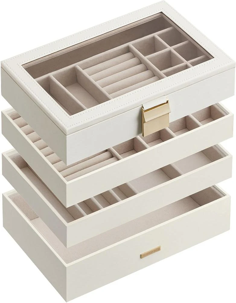 Boîte à bijoux spacieuse avec 4 plateaux empilables pour tiroir coiffeuse 17 x 28 x 18,3 cm en bois blanc 12_0010869