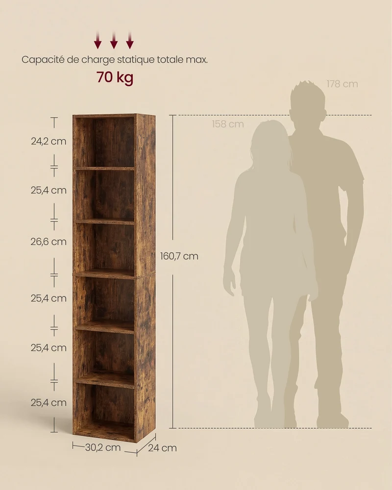Bibliothèque étagère de rangement 30,2 x 24 x 160,7 cm capacité 70 kg style scandinave en MDF marron rustique 12_0010430