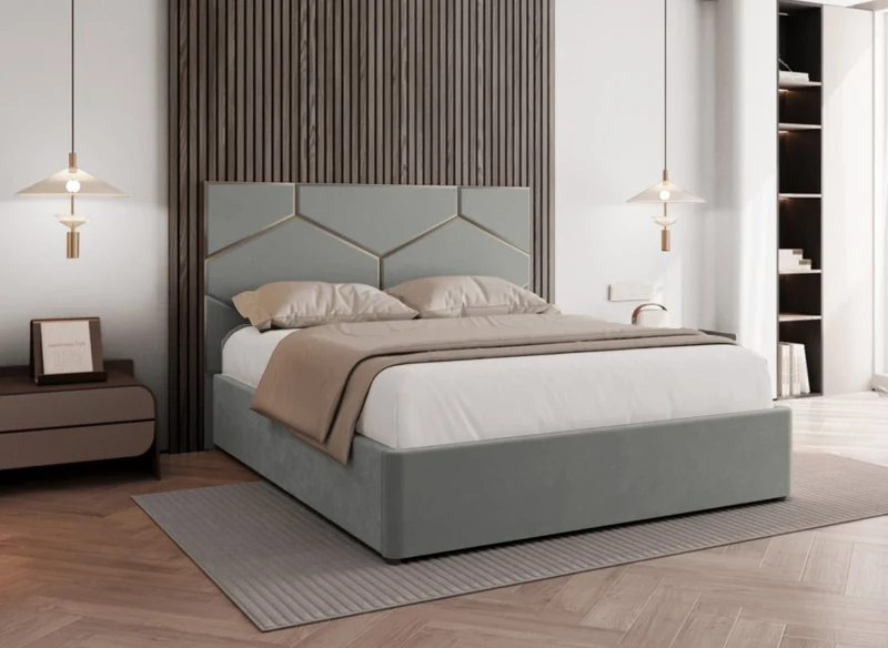 Lit coffre avec tête de lit design en velours gris LARA 180 x 200 cm