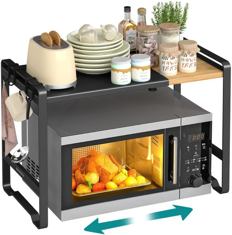 Étagère de cuisine extensible support micro-ondes réglable 31,5 x 41,5-64 x 42 cm en acier noir 12_0012913