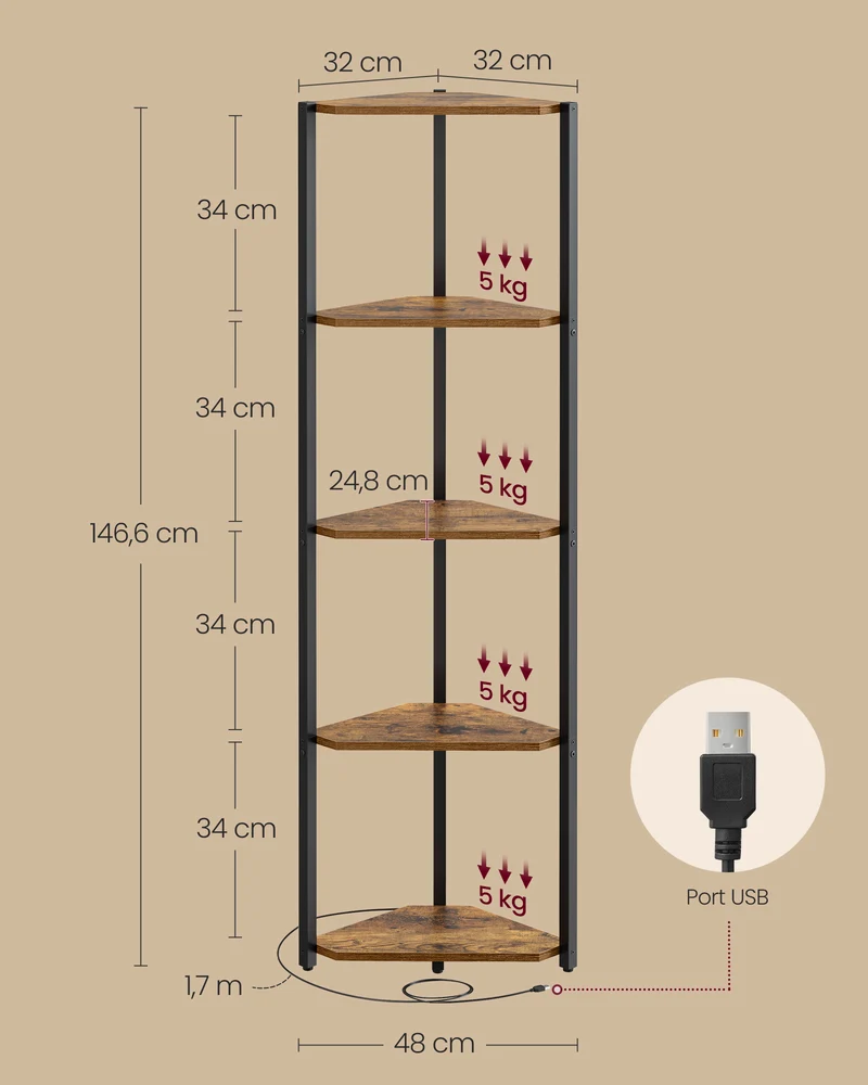 Étagère d'angle à 5 niveaux design moderne rangement 24,8 x 48 x 146,6 cm en acier marron 12_0012227