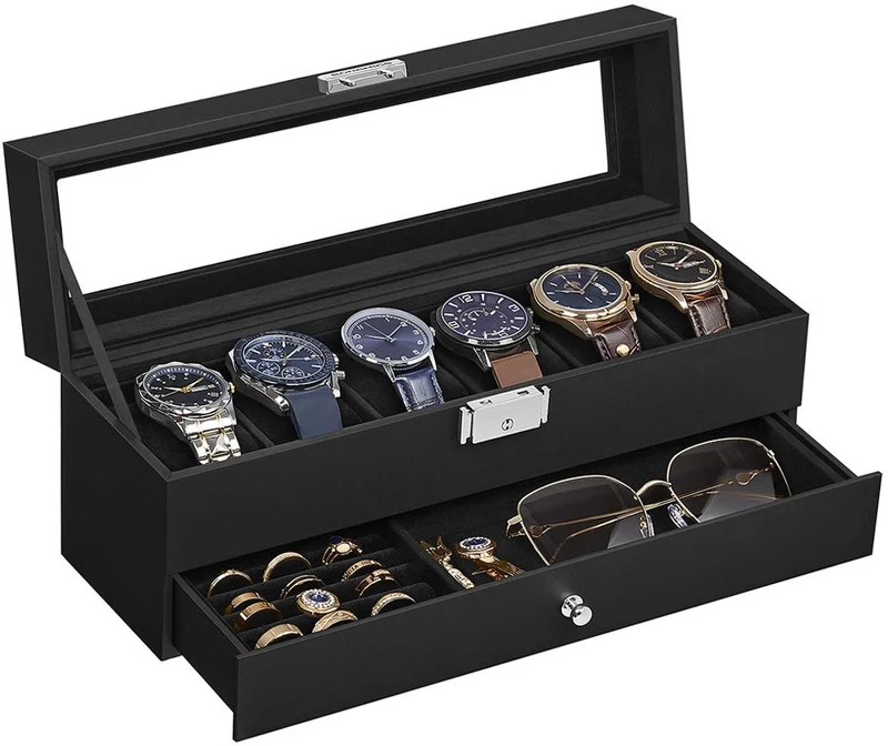 Boîte à montres verrouillable 10 x 32,5 x 13,5 cm avec tiroir et 2 étages style moderne en cuir synthétique noir 12_0012213