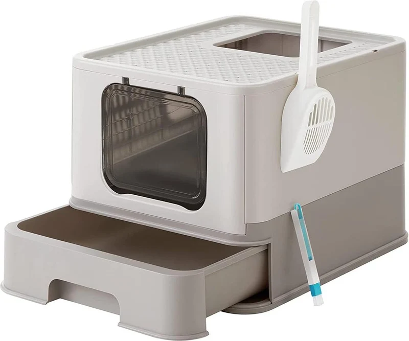 Bac à litière fermé pour chat jusqu'à 15 kg avec pelle anti-fuite 42,5 x 54,3 x 37,8 cm en plastique gris clair 12_0010843