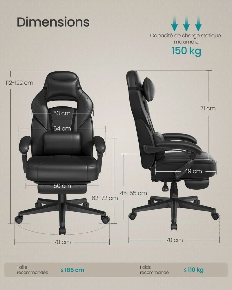 Fauteuil de gamer ergonomique avec repose-pieds réglable 70 x 70 x 122 cm confort optimal style moderne en PU noir 12_0009873