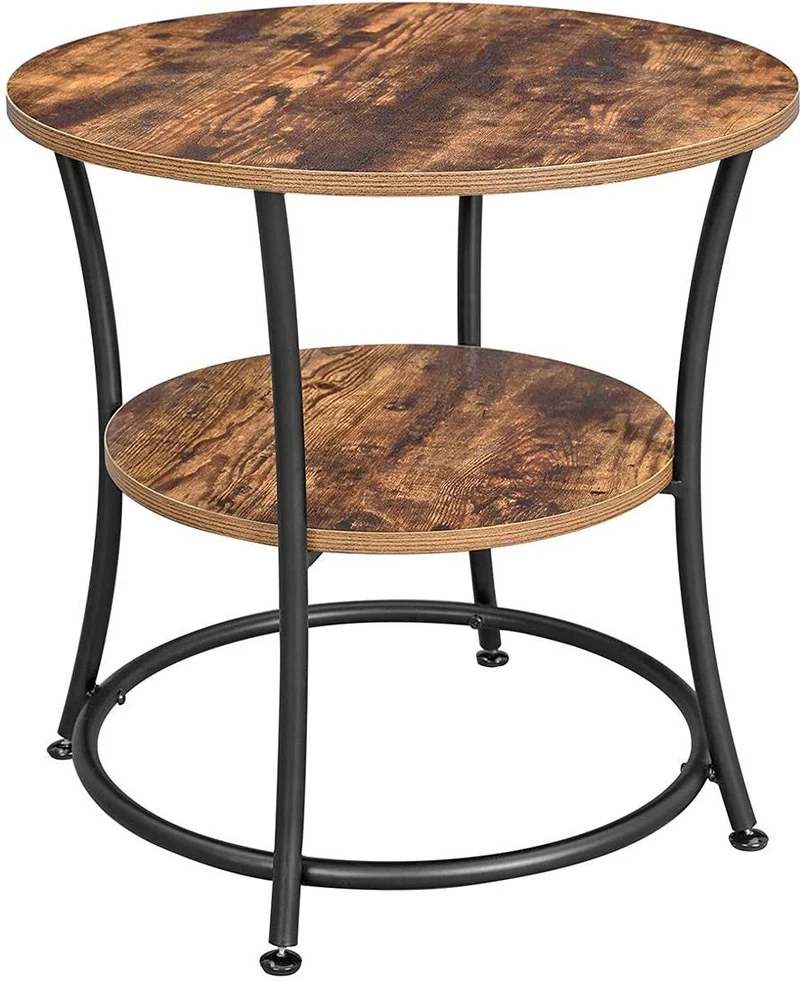 Table d'appoint ronde 55 x 55 cm 2 niveaux pratique design industriel salon chambre en aggloméré marron rustique 12_0009517