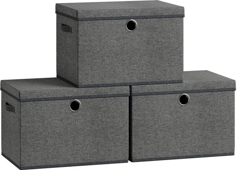Lot de 3 boîtes de rangement pliables empilables avec poignées 43 x 30 x 30 cm en tissu polyester gris ardoise 12_0013201