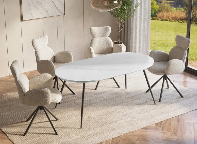 Table à manger ovale effet marbre blanc 160cm DIWAN