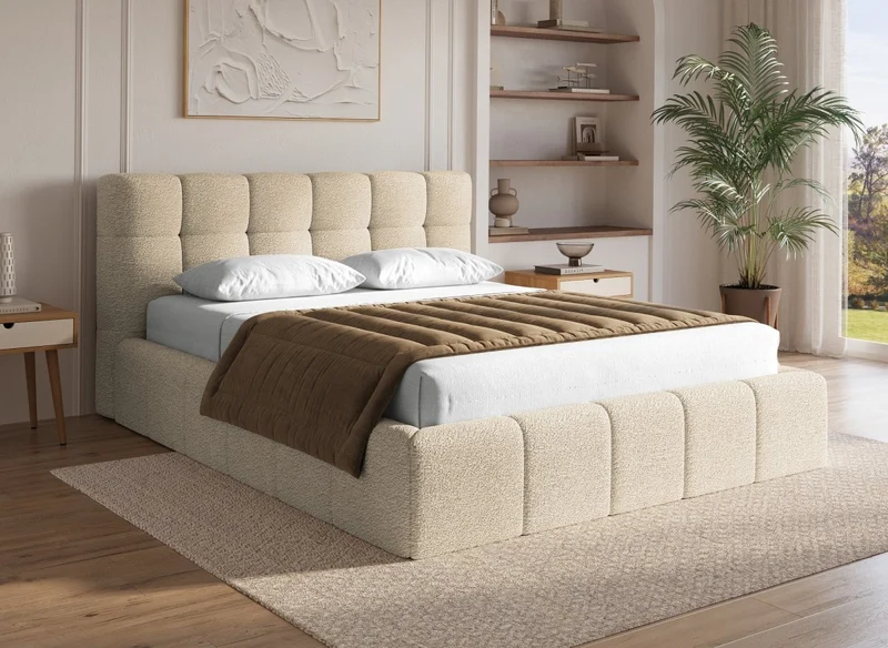Lit coffre en tissu bouclette beige 160x200 cm MILIE