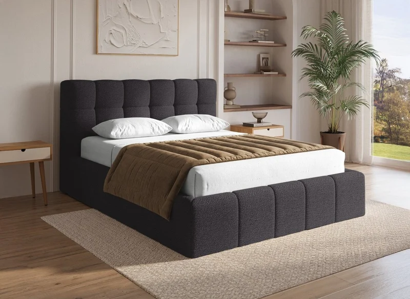 Lit coffre en tissu bouclette gris 140x190 cm MILIE