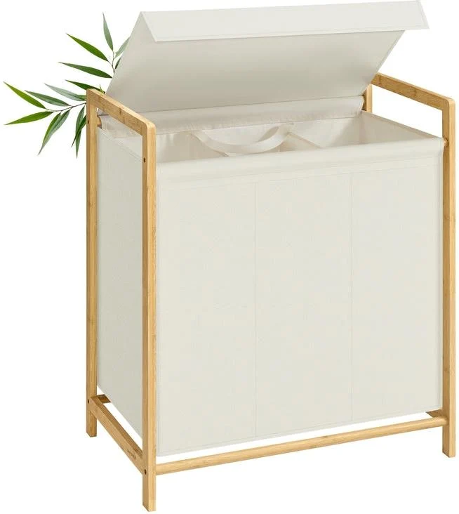 Panier à linge 2 compartiments avec couvercle amovible 65 x 40 x 78 cm en bambou blanc crème 12_0012551