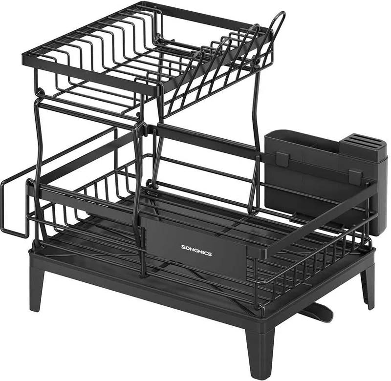 Égouttoir à vaisselle extensible avec bac d'égouttement et porte-couverts 31 x 42 x 36,5 cm en acier noir 12_0012141
