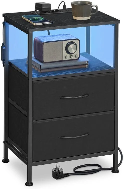 Table de chevet moderne avec éclairage LED réglable 30 x 39,6 x 60,4 cm ambiance cosy 1 étagère ouverte 2 tiroirs en aggloméré noir 12_0012746