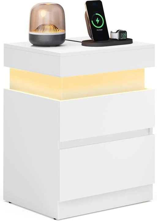 Table de chevet moderne avec multiprise 35 x 40 x 55 cm petite table d'appoint rangement pratique en panneau MDF blanc neige 12_0012357
