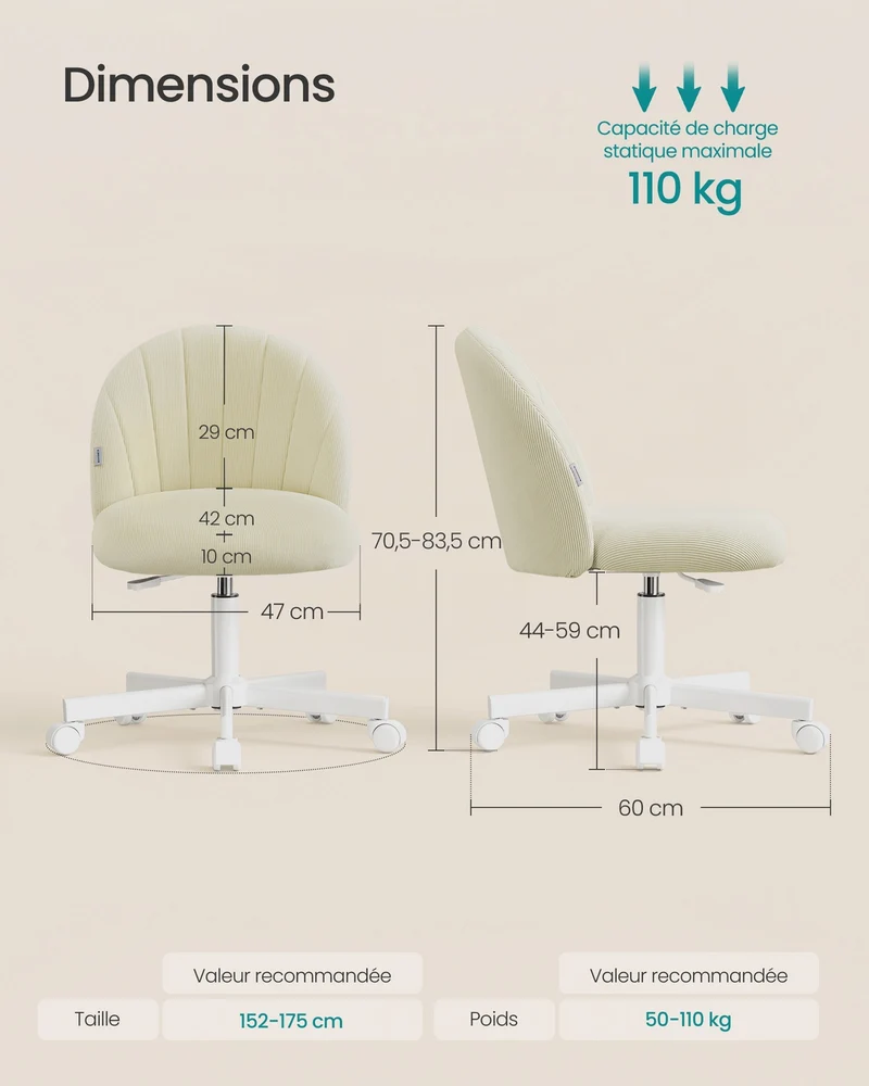 Chaise de bureau réglable design moderne pour bureau chambre dressing 60 x 60 x 70,5-83,5 cm en velours côtelé beige 12_0012646