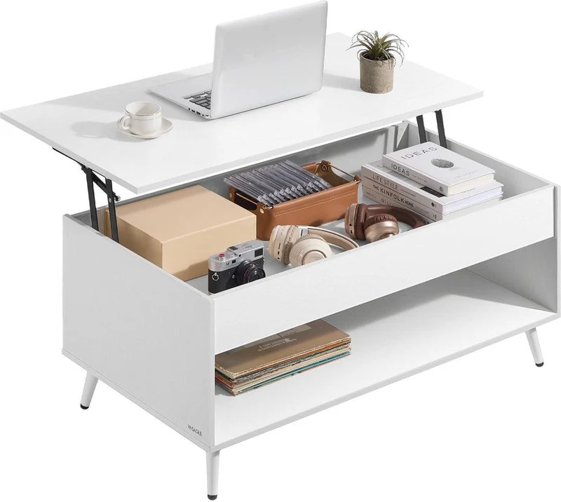 Table basse relevable avec compartiment de rangement 50 x 100 x 45/58,5 cm style moderne pour salon bureau en aggloméré blanc neige 12_0012327