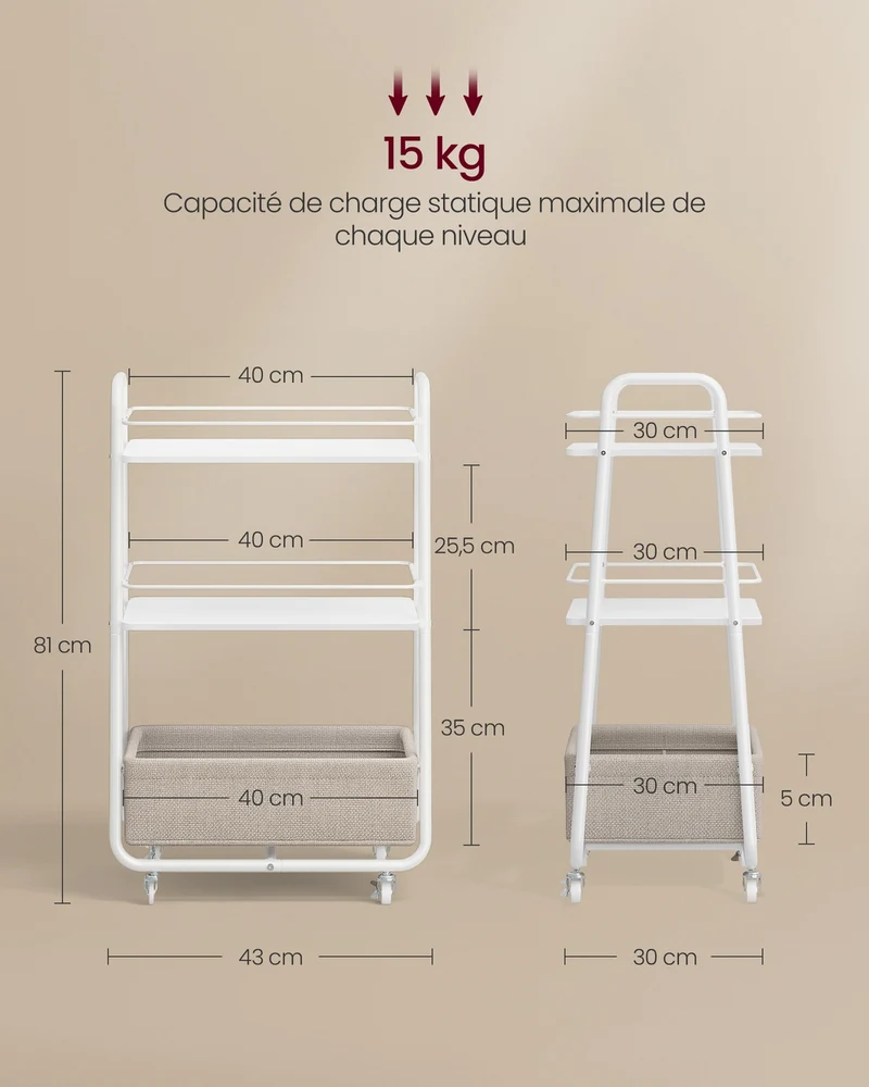 Chariot de rangement à roulettes 43 x 30 x 81 cm 3 niveaux pratique design moderne en aggloméré beige 12_0012647