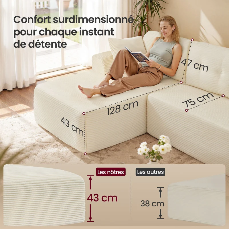 Canapé d'angle modulable avec grande méridienne 150 x 244 x 73 cm confort optimal style contemporain en velours crème 12_0012238