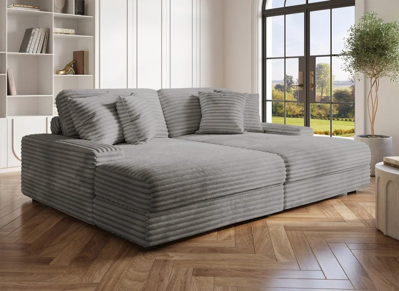 Canapé droit méridienne 2 places en gros côtelé doux gris DAHO