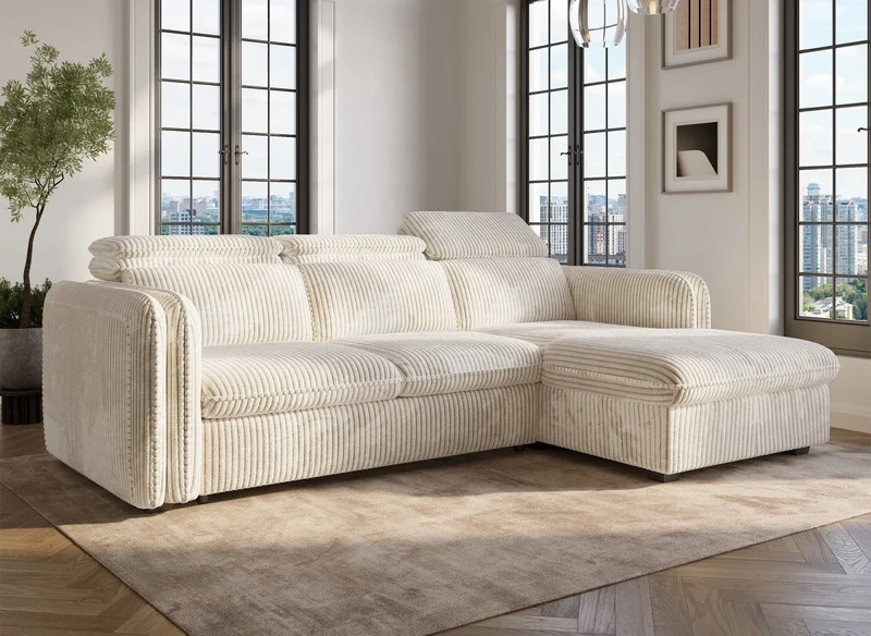 Canapé d'angle convertible en velours côtelé épais beige ISABELLA - Angle droit