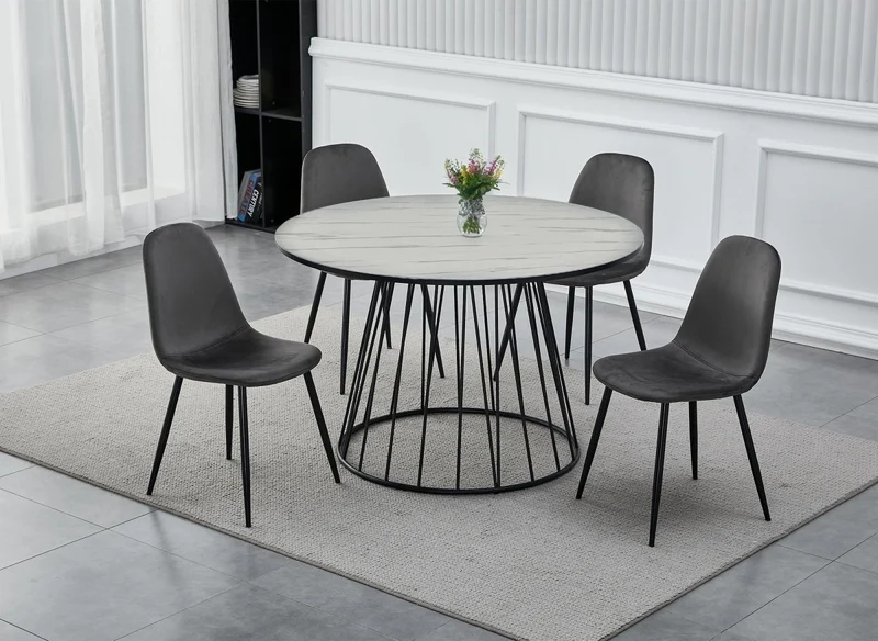 Table à manger ronde effet marbre blanc pied en métal noir 120cm STELLA