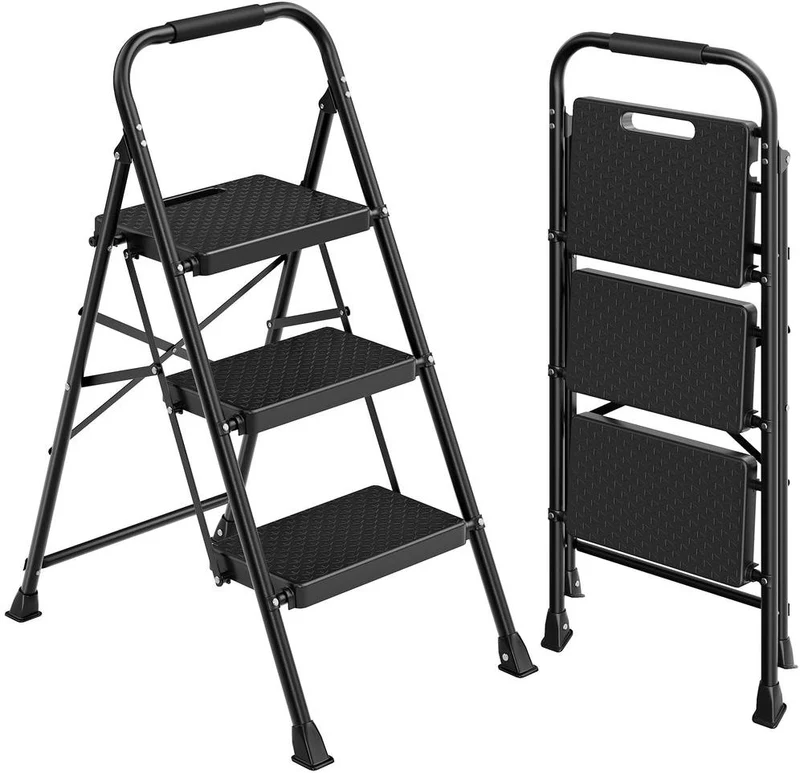Escabeau pliant 3 marches ergonomique 73 x 46,5 x 102,5 cm usage maison bureau jardin en acier noir 12_0013091