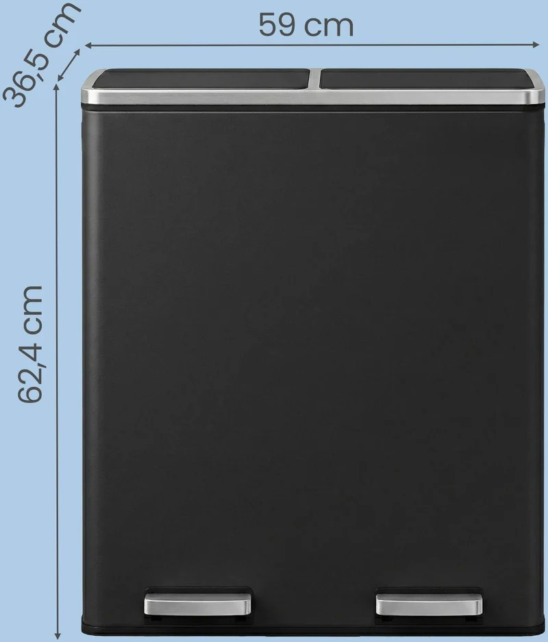 Poubelle double compartiment 2 x 30 L anti-traces de doigts 58,6 x 32 x 65 cm design moderne cuisine en acier noir 12_0013073