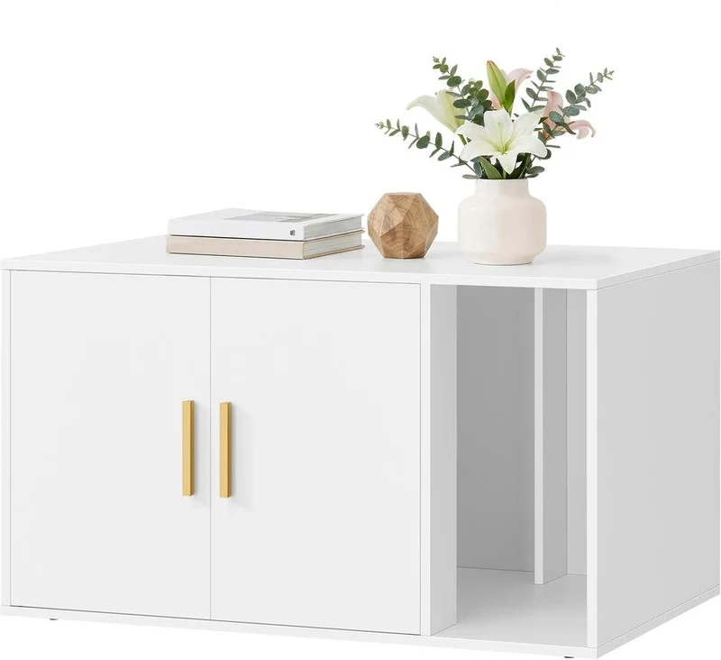 Meuble litière pour chat entrée frontale 80 x 50 x 45 cm fonction table d'appoint moderne en MDF blanc mat 12_0012694