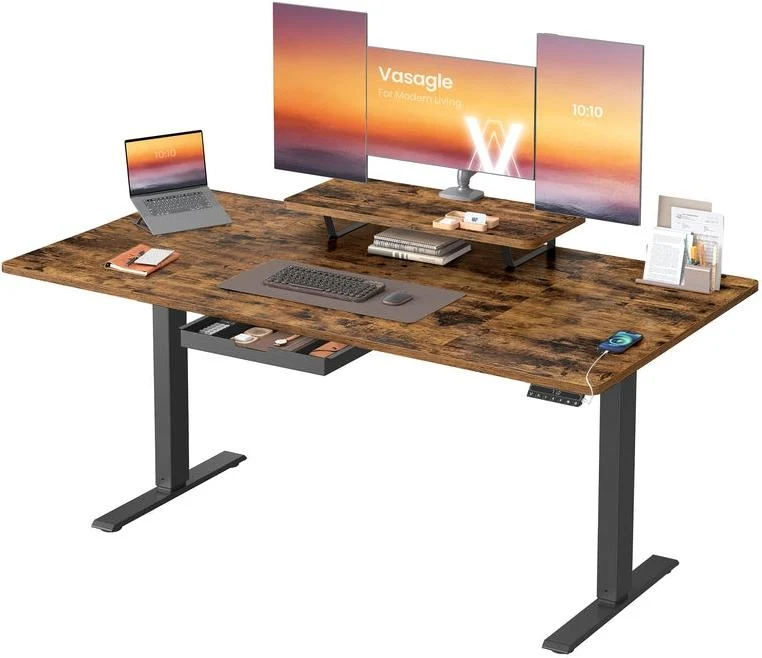Bureau électrique réglable en hauteur 160 x 80 cm avec tiroir et support d'écran style moderne pour télétravail en aggloméré marron 12_0012579