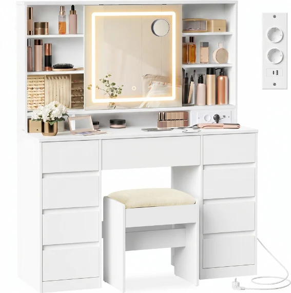 Coiffeuse avec miroir LED rangement bijoux 40 x 110 x 141,5 cm installation facile style moderne en aggloméré blanc 12_0012521