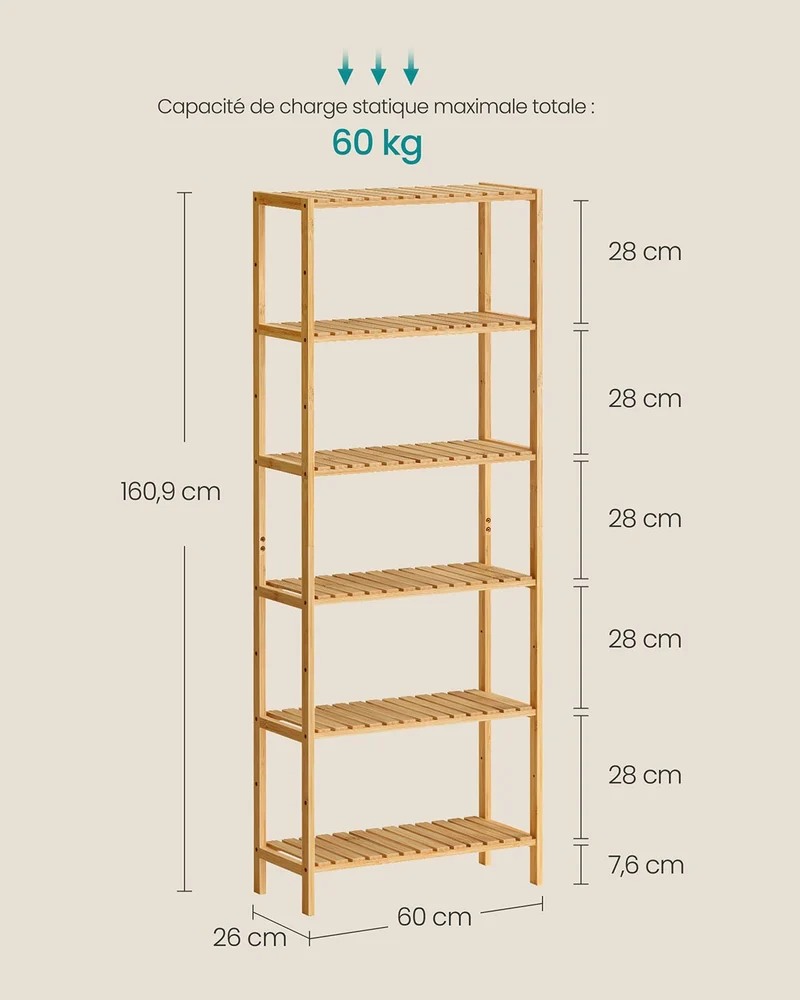 Étagère de rangement multifonction 26 x 60 x 160,9 cm pour entrée salle de bain balcon cuisine en bambou beige naturel 12_0012382