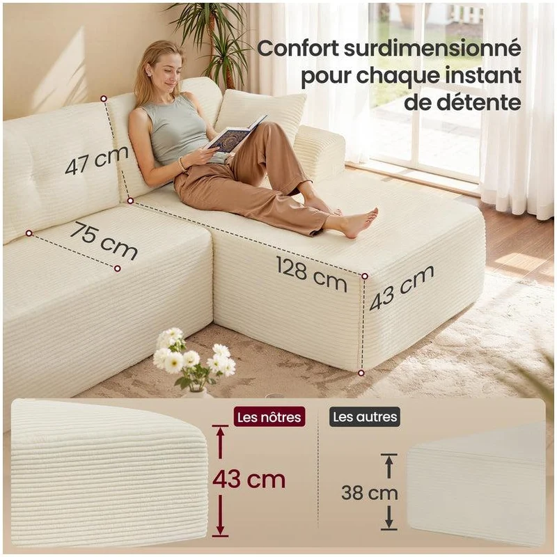 Canapé d'angle modulable 150 x 244 x 73 cm avec grande méridienne confort optimal style contemporain en velours crème 12_0012106