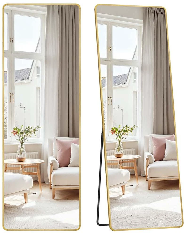 Miroir rectangulaire sur pied 160 x 50 cm grand miroir à poser au sol style moderne finition dorée en verre trempé doré clair 12_0011312