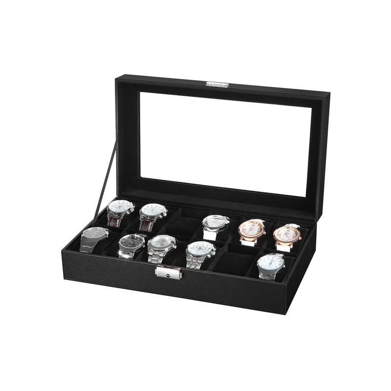 Boîte à montres avec 12 compartiments coffre verrouillable 28 x 20 x 8 cm pour rangement élégant en cuir synthétique noir 12_0008400