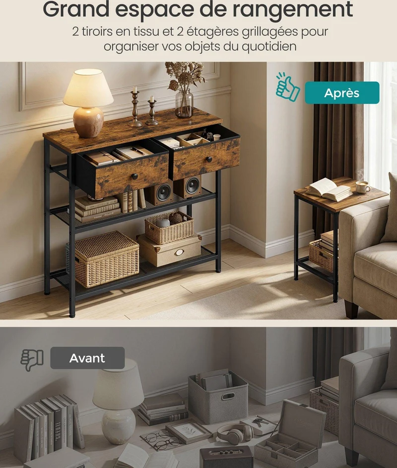 Table console moderne avec éclairage LED 76,7 x 30 x 78,7 cm design épuré 2 tiroirs en panneau MDF marron rustique 12_0013161