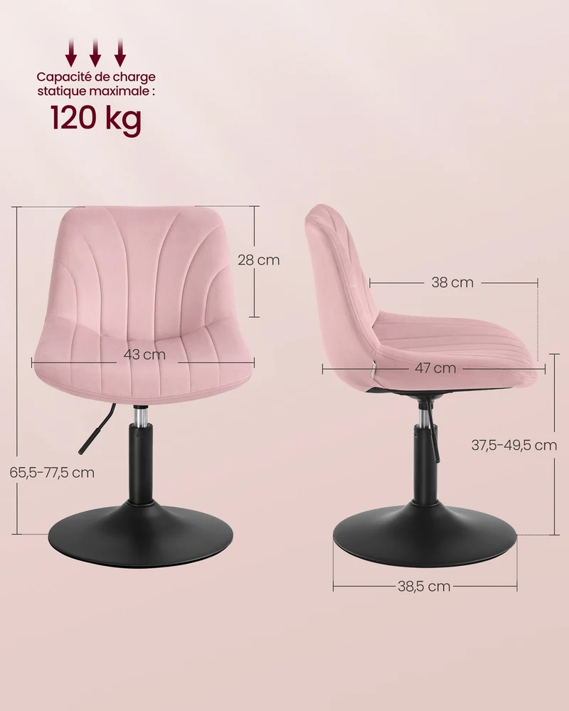 Chaise tabouret coiffeuse avec dossier hauteur réglable 46,5 x 43 x 77,5 cm confort ergonomique design moderne en velours rose bonbon 12_0012762